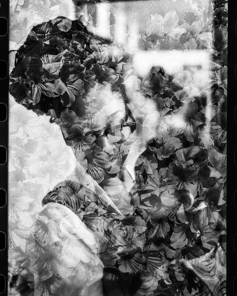 Double exposure photograph with flowers and layered forms